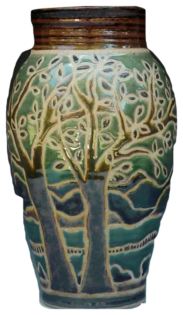 Carved stoneware vase with trees in green and blue glaze, by Kathy Whitley