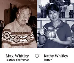 Early portraits of Max Whitley, leather craftsman, and Kathy Whitley, potter, holding a teapot