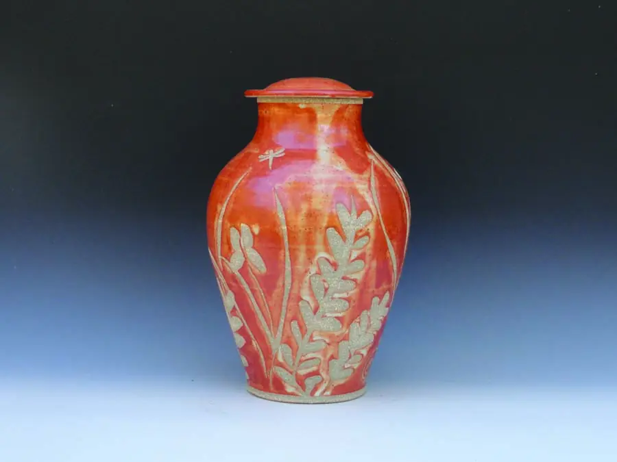 Medium Covered Jar with Iris and Dragonfly