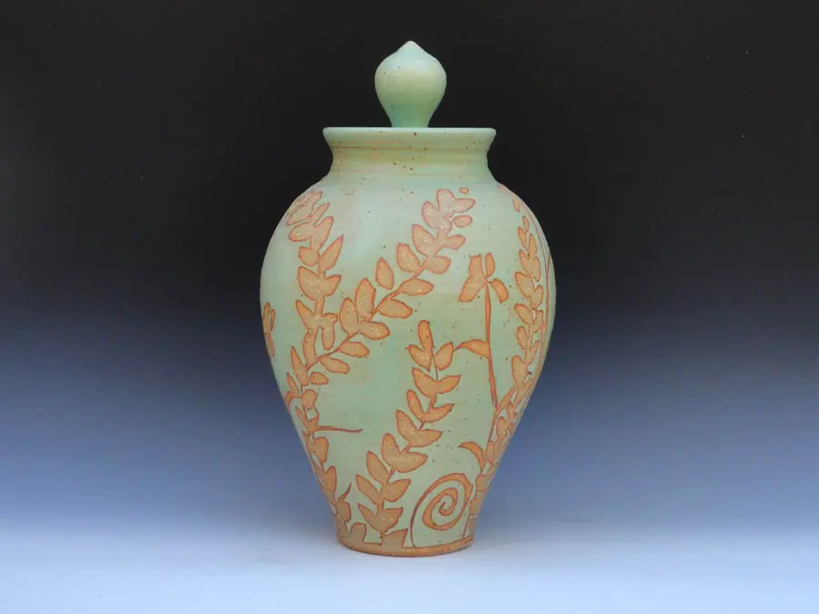 Large Covered Jar with Wax Resist Leaf Pattern