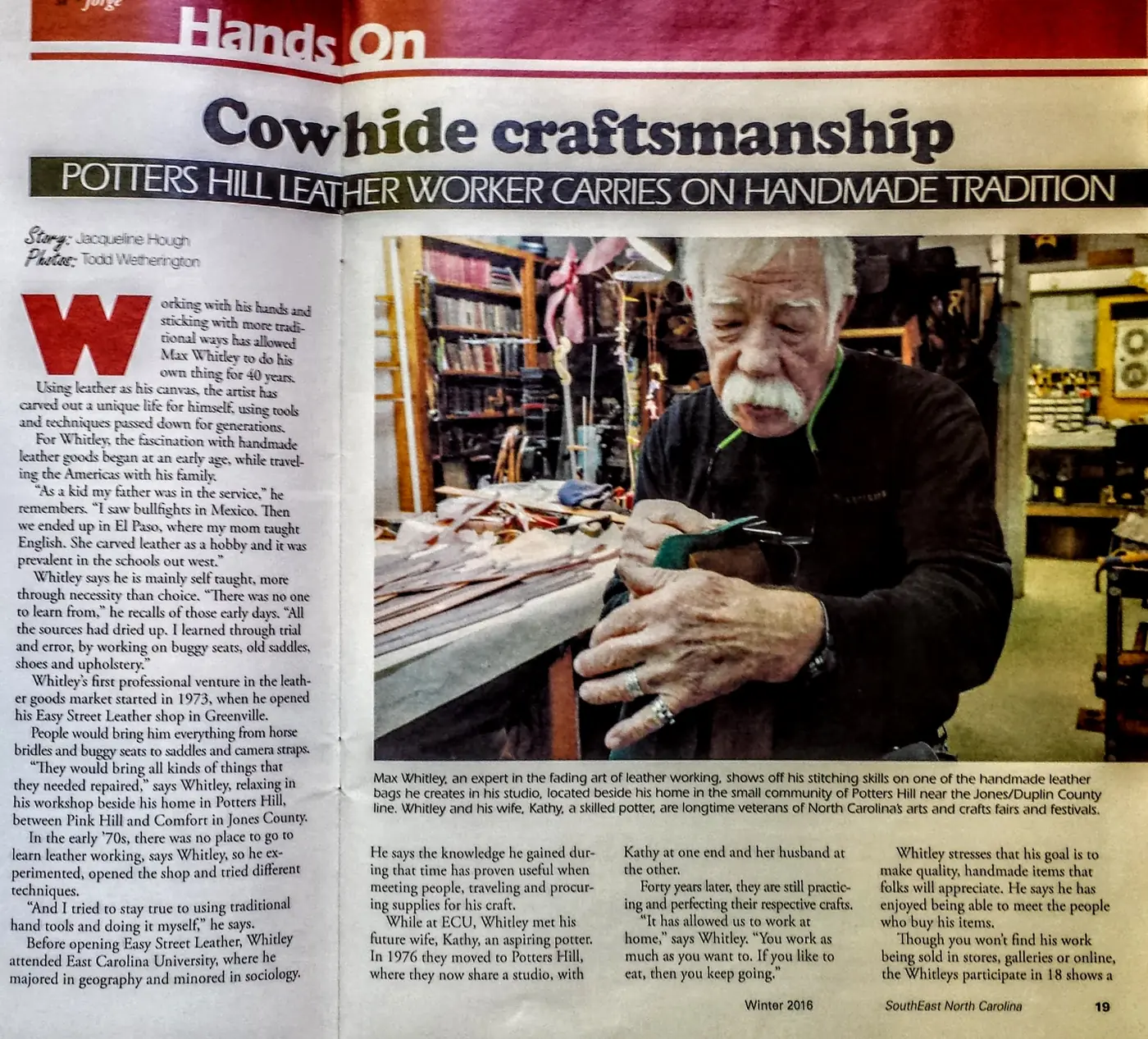 Magazine feature showing Max Whitley working leather at his bench